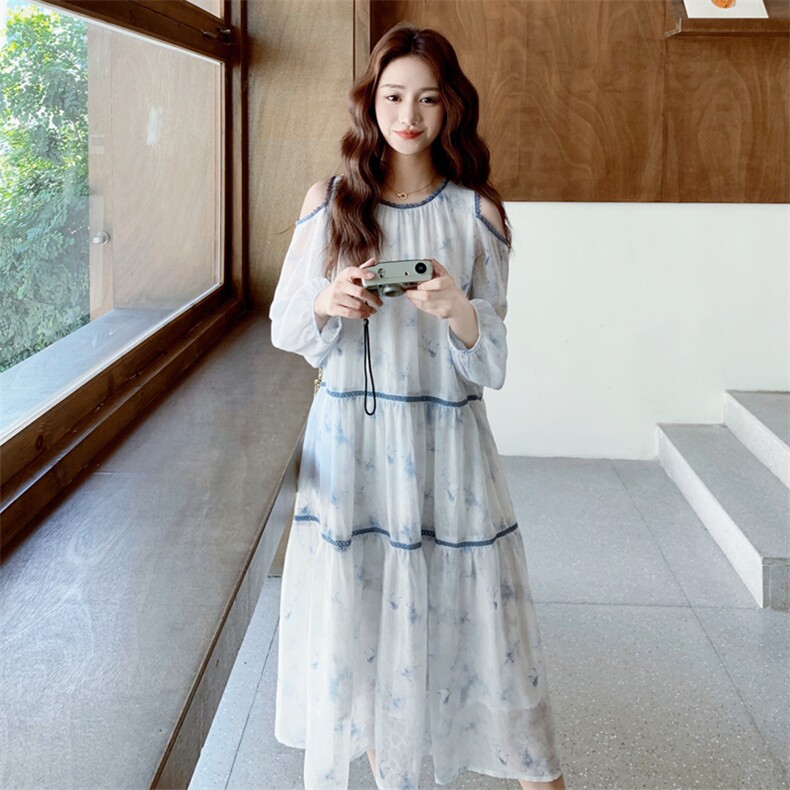 慵懒风白色长袖碎花连衣裙女2025秋季新款时尚松弛感绝美气质长裙图片