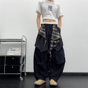 美式嘻哈格纹屁帘速干伞兵裤男女可拆卸褶皱阔腿裤宽松垂感休闲裤图片