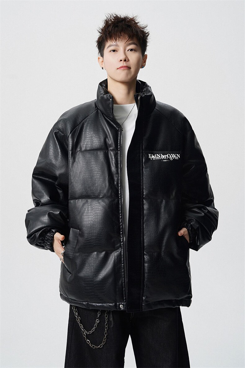 鳄鱼纹印花设计大码M-5XL手塞棉夹克PU皮棉服外套男8507P120控158,男装夹克,星座227-7