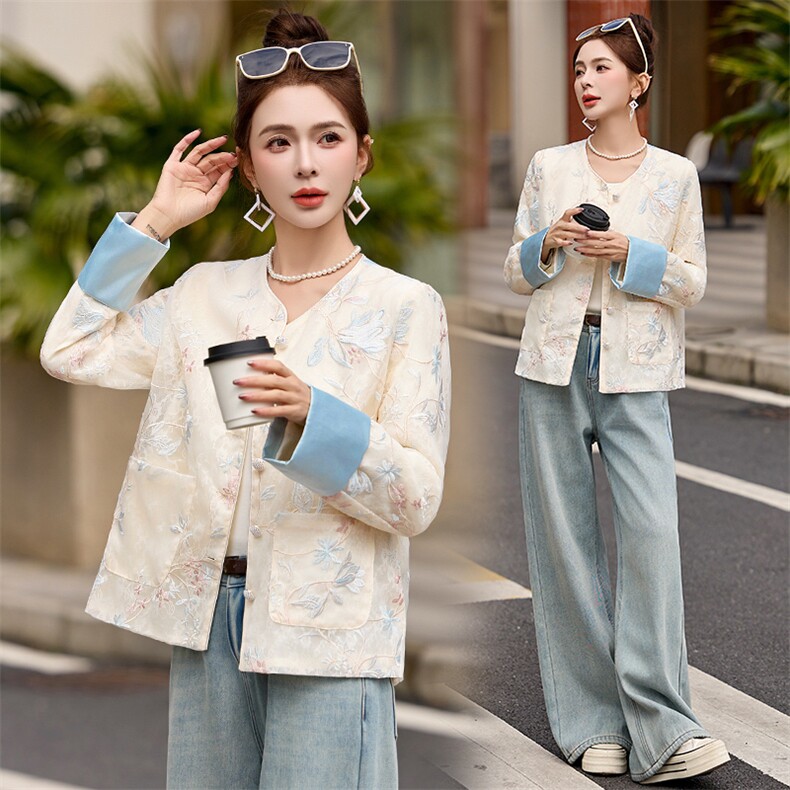 时尚蕾丝刺绣新中式国风外套女2025春夏新款薄款防晒长袖开衫上衣,女装短外套,伊仟回