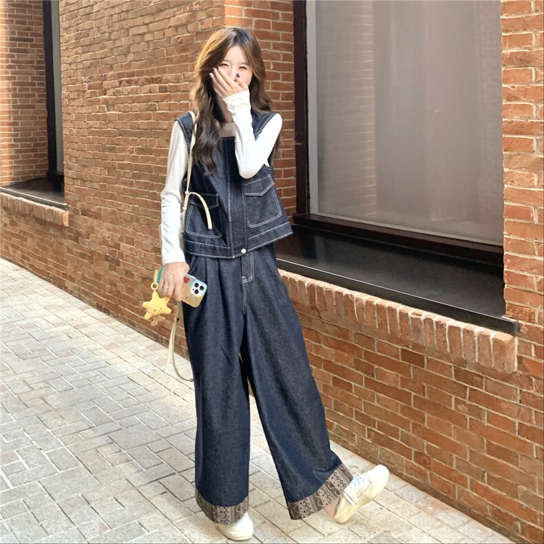 韩系休闲松弛感套装女2025秋季新款高级感仿牛仔马甲阔腿裤两件套,女装套装/套裙,2C113