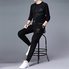 春秋季新款男士圆领长袖卫衣卫裤两件套印花秋装运动休闲套装潮，男装休闲套装，电商B212（原钱塘6029）