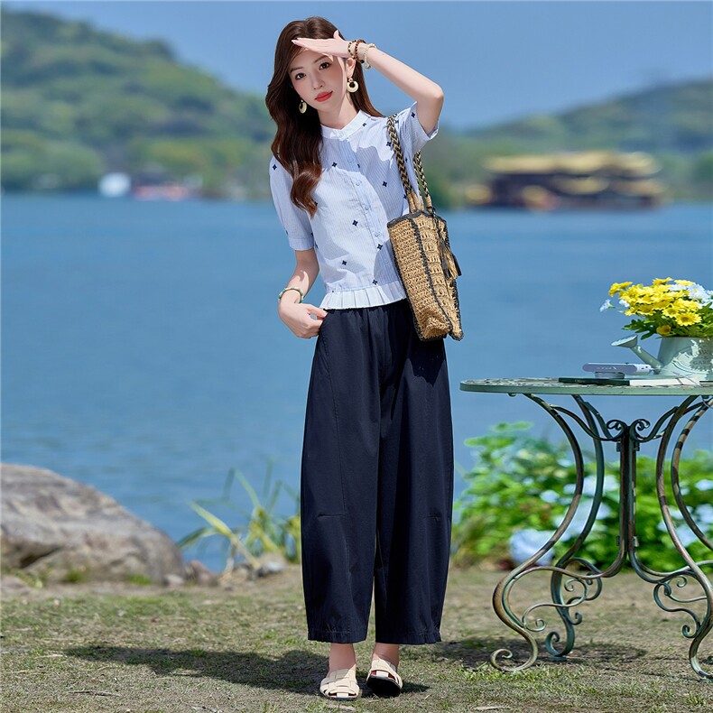 2026年夏季新款刺绣小立领衬衫阔腿裤两件套套装女,女装套装/套裙,依路服饰