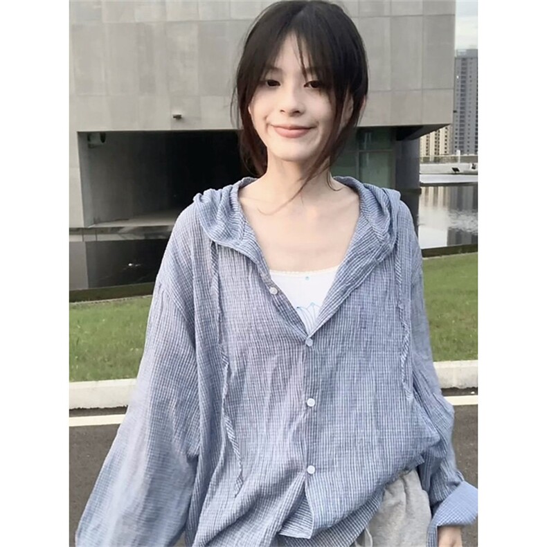 法式蓝色格纹连帽衬衫灯笼袖夏季休闲长袖上衣宽松慵懒防晒C126,男装防晒衣,星座1116A（原606A-3）