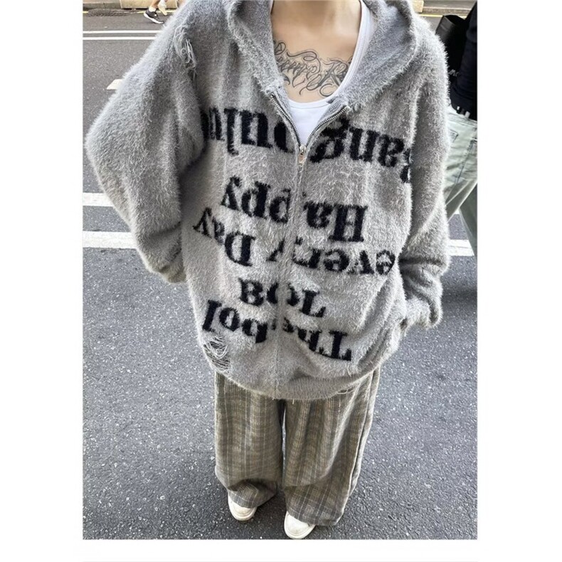 美式复古高街破洞连帽针织衫毛衣外套字母拉链款MY006-P60,男装针织衫/毛衣,星座1001-1