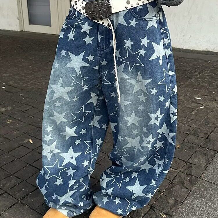 春秋新款今年流行宽松直筒阔腿印花牛仔裤子NZ7097图片