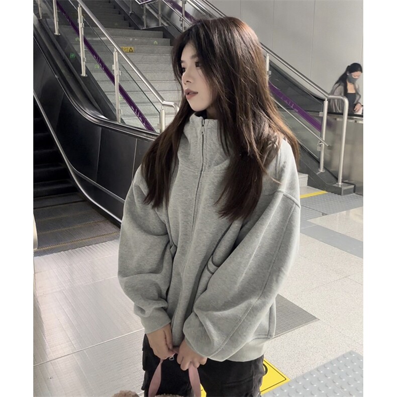 抖音得物高品质秋冬美式高街重磅结构辑明线纹理连帽卫衣外套W111图片
