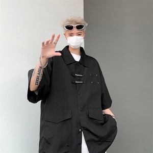 F279-P45 夏季新款潮牌宽松翻领衬衣日系复古工装短袖衬衫男现货图片