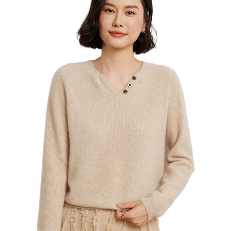 时尚优雅女士衫10%带扣套头设计显瘦百搭秋冬必备,女装羊绒衫,臻维羊绒