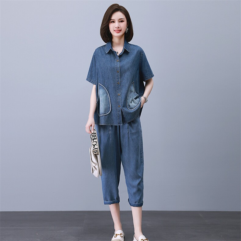 2023夏季新款时尚气质翻领显瘦休闲舒适牛仔两件套,女装套装/套裙,独衣靓