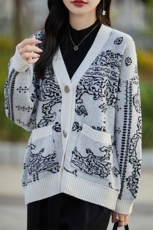 秋冬款V领提花休闲羊毛开衫女拼色宽松长袖显瘦百搭针织外套上衣，女装羊毛衫，邦太羊绒