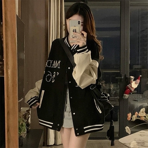 A517-P90 珍珠刺绣棒球服男女春季拼接宽松夹克情侣外套图片