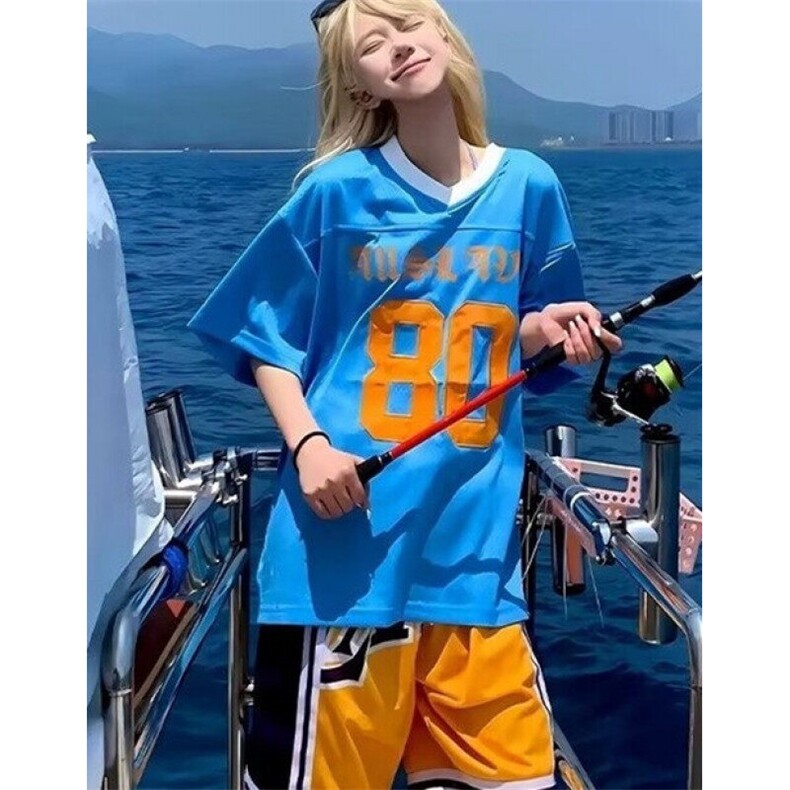 撞色V领短袖T恤女夏季网眼宽松运动休闲复古字母印花上衣TY160,男装T恤,星座1116A（原606A-3）