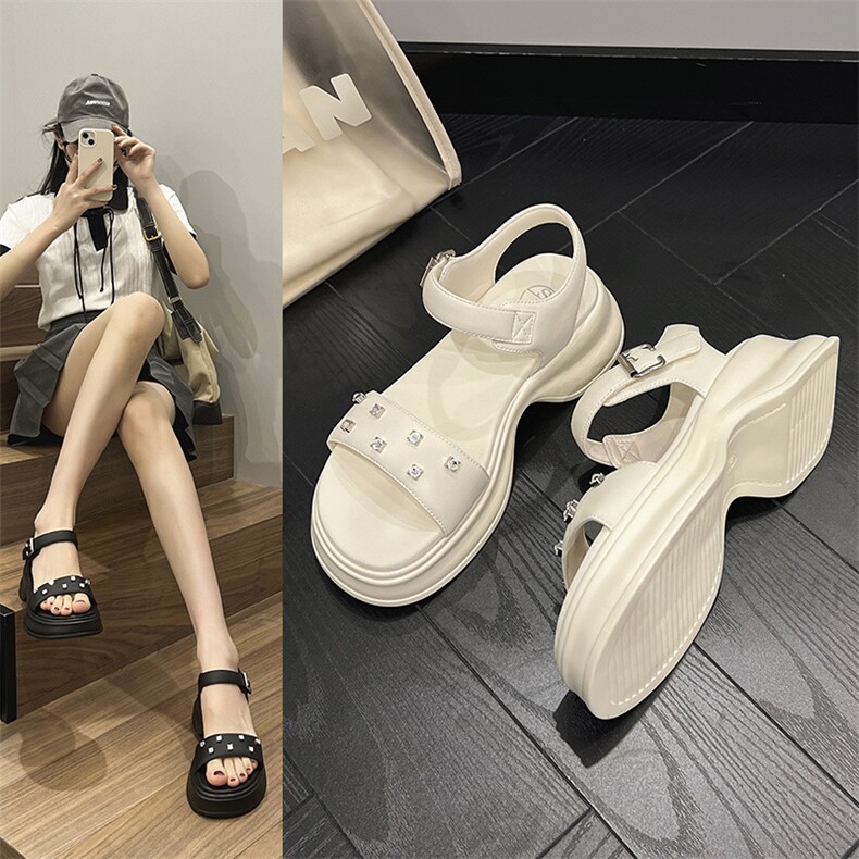 欧洲站2023夏季新款真皮厚底松糕凉鞋女时尚一字魔术贴拖鞋露趾潮，女鞋凉鞋，电商A223