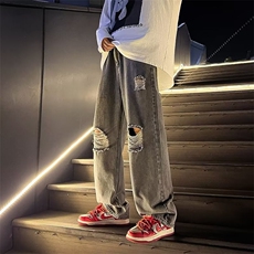 美式复古破洞牛仔裤男水洗做旧裤子高街潮ins拖地裤垂感N7280-P40，男装牛仔裤，星座1008-2