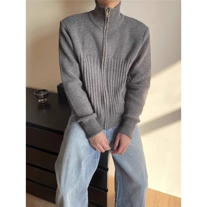 美式复古简约针织衫秋冬季百搭拉德立领拉链开衫宽松毛衣外套上衣图片