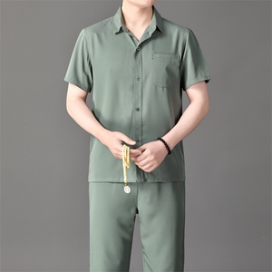 2025夏季风套装衬衫套短袖长裤衬衫男装方领休闲男士装图片