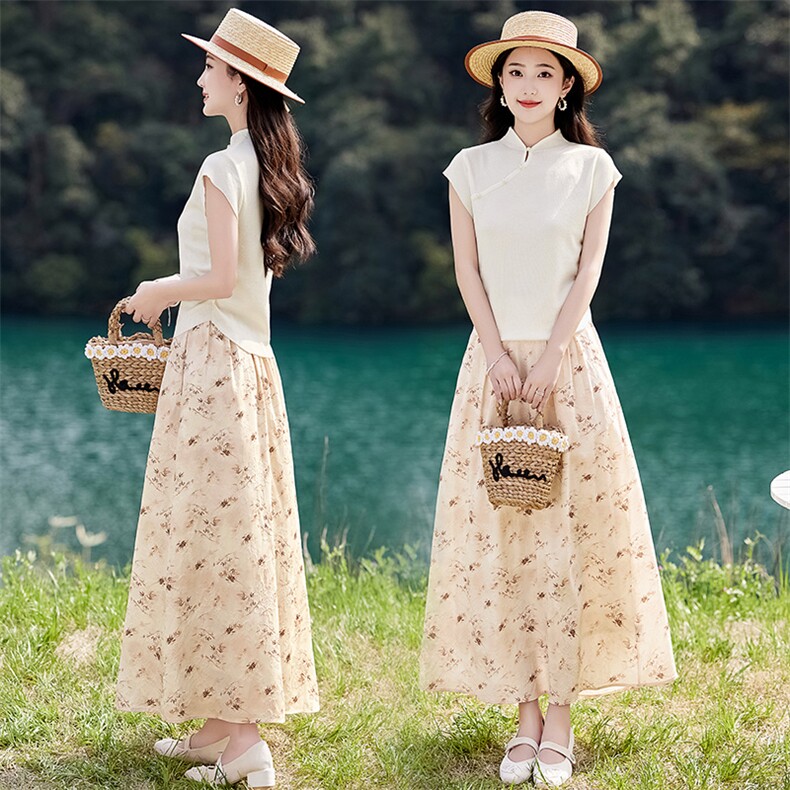 法式雪纺绿色碎花半身裙女2025夏季新款显瘦宽松高腰薄裙子,女装套装/套裙,魅丽静蓝