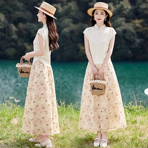 法式雪纺绿色碎花半身裙女2025夏季新款显瘦宽松高腰薄裙子图片