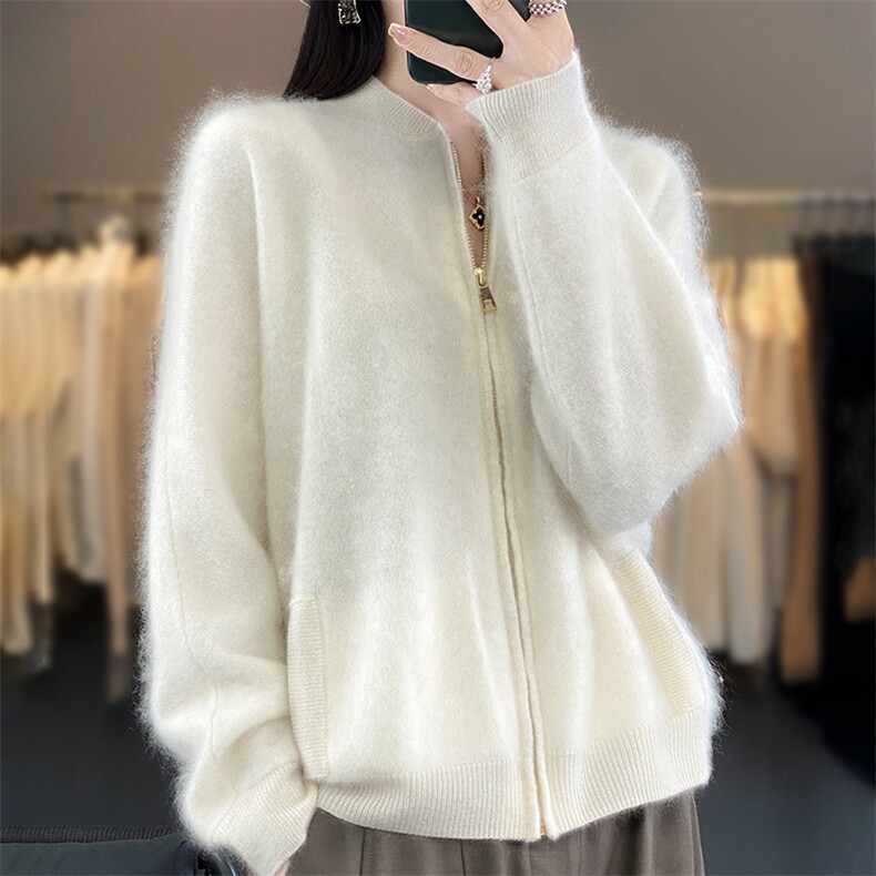 优雅女士纯山羊绒宽松拉链开衫外套，女装羊绒衫，臻维羊绒