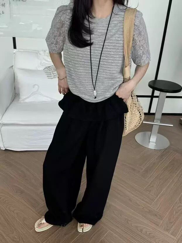 精纺拼接蕾丝条纹短袖，女装针织衫/毛衣，圣旺供货