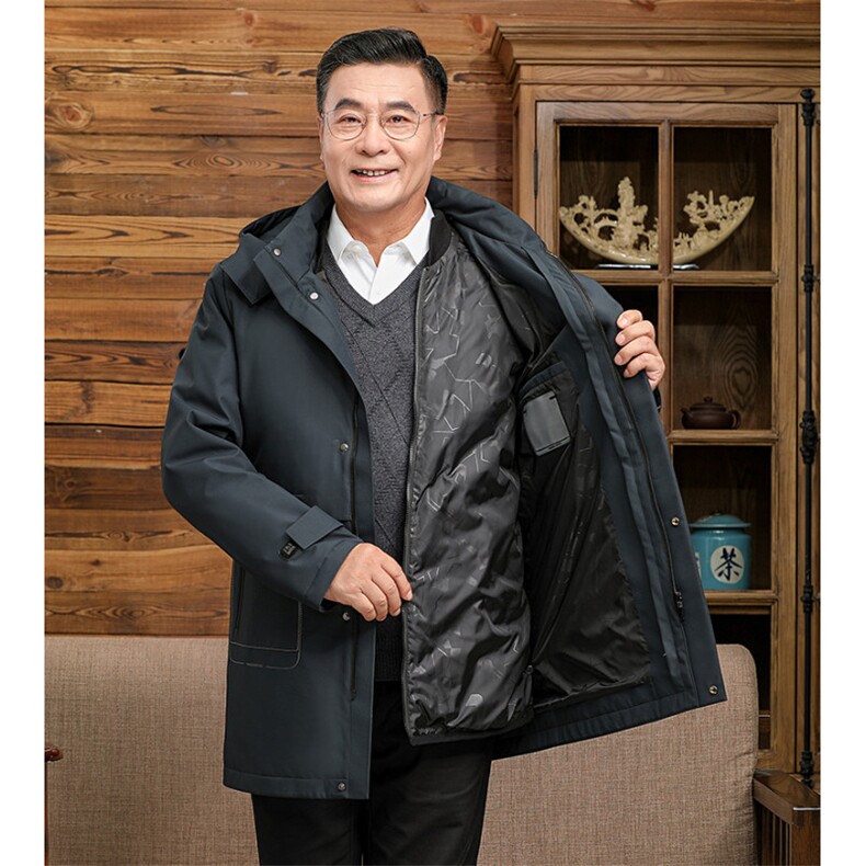 中老年羽绒服男士中长款加厚防寒中年休闲白鸭绒连帽可脱卸外套图片
