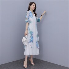 连衣裙披肩两件套夏季新款印花无袖裙外搭披肩雪纺衫，女装连衣裙，秀美人生