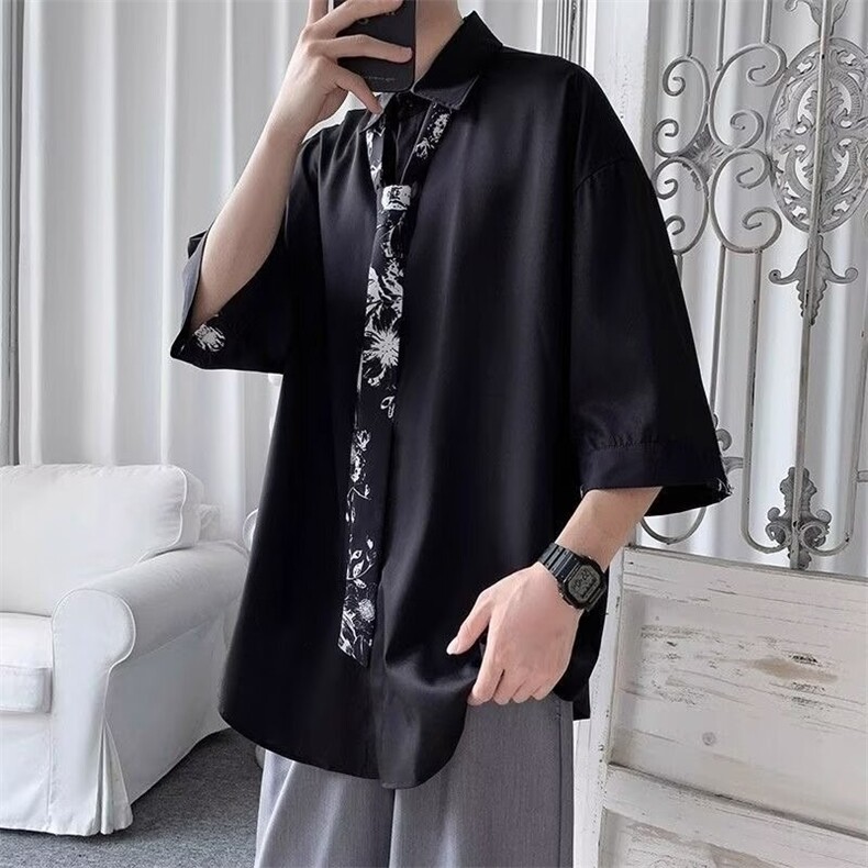 F356P38夏季日系简约基础七分袖男宽松大码痞帅百搭衬衫男短袖，男装T恤，星座512-6