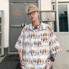 EQ411卡通印花夏季沙滩旅游衬衣男港风潮流小众设计感短袖P40，男装衬衫，电商C306-1