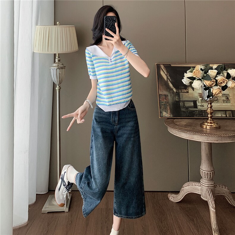 女夏新款时尚套装宽松显瘦娃娃领条纹冰丝短袖上衣牛仔中裤两件套,女装套装/套裙,江南