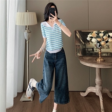 女夏新款时尚套装宽松显瘦娃娃领条纹冰丝短袖上衣牛仔中裤两件套，女装套装/套裙，江南