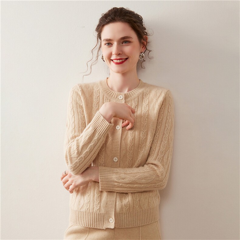 休闲减龄系扣山羊绒开衫宽松女毛衣外套2025秋冬新款针织绞花外搭，女装针织衫/毛衣，绒盛美羊绒