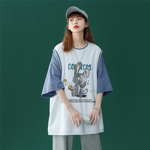 ！中性风 夏季印花假两件短袖T恤港风学生班服 T605P40控58图片