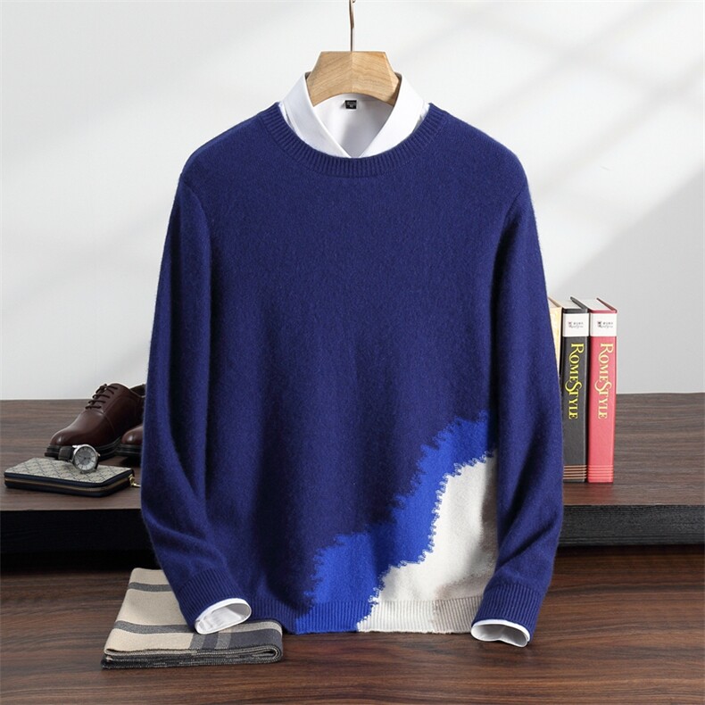 秋冬季35%羊绒休闲时尚潮流百搭斜边提花圆领羊绒衫男装，男装羊绒套衫，纳丰羊绒