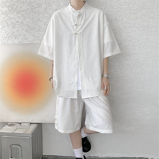 新中式套装风立领短袖衬衫大码冰丝盘扣唐装两件套TZ1703特P66，男装衬衫，电商B238