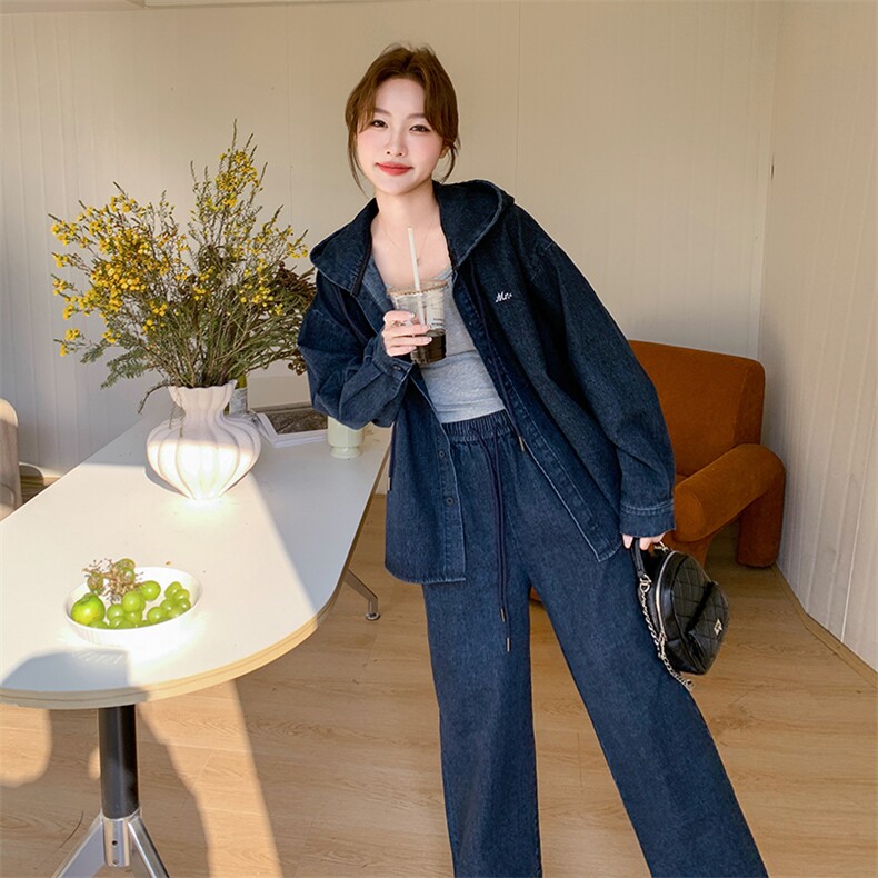 连帽牛仔衬衫外套牛仔阔腿裤两件套-C051-T667-P175-K248,女装套装/套裙,2C051