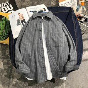男士秋季衬衫长袖休闲韩版潮流宽松条纹衬衣外套DF07T图片