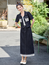 2025夏季新款时尚气质蕾丝拼接牛仔复古洋气套装裙，女装套装/套裙，妙形