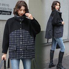 冬季新款格纹拼接时尚双面呢羊绒外套立领潮流女，女装毛呢外套，美吧服饰