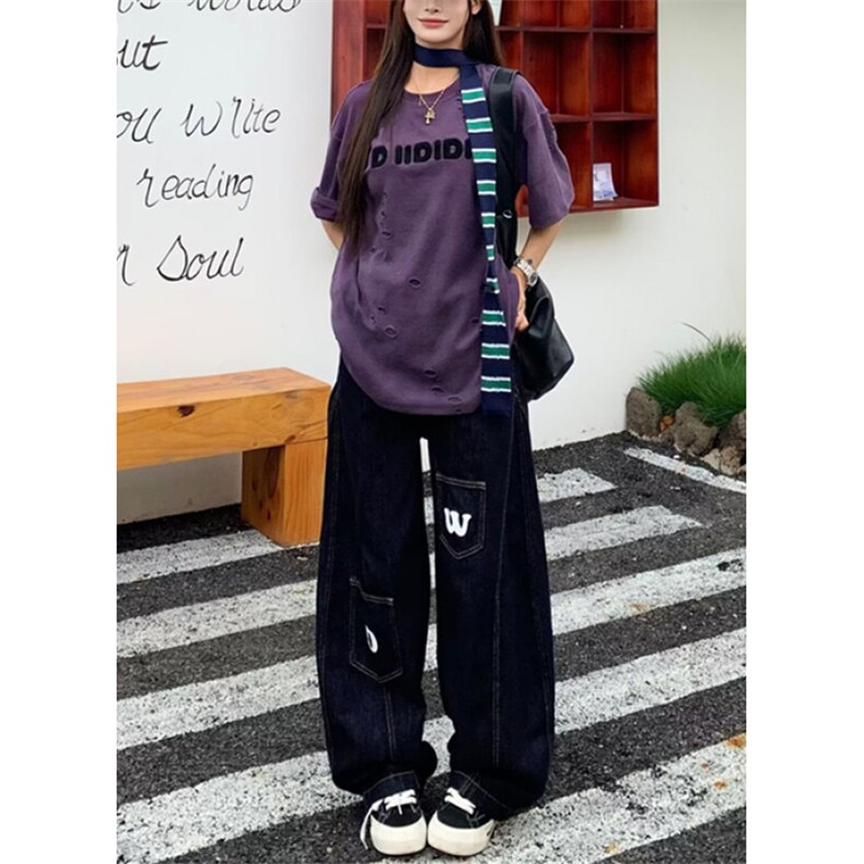 原色口袋字母弯刀牛仔裤男女款多口袋宽松休闲垂感阔腿裤NH8048,男装牛仔裤,星座1116A（原606A-3）