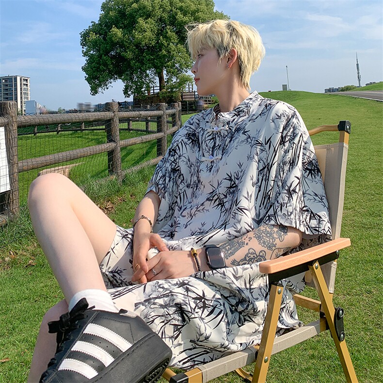 量大优供视频新风竹叶印花冰丝短袖短裤套装男TZ2403-特P50,男装休闲套装,电商A028