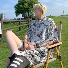 量大优供视频新风竹叶印花冰丝短袖短裤套装男TZ2403-特P50，男装休闲套装，电商A028