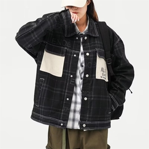 牛仔夹克工装口袋中性字母印花条纹贴布外套大码M-4XL JK8037 P65图片