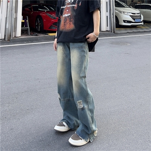 美式破洞黄泥染撞色牛仔裤男宽松直筒高街阔腿嘻哈长裤N002-P45图片