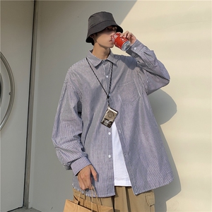 竖条纹长袖衬衫男士韩版潮流ins宽松情侣装上衣衬衣外套C383-p35图片