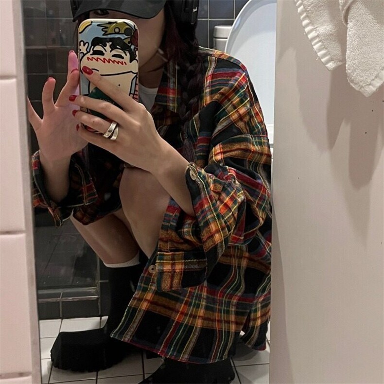 复古格子长袖衬衫外套女春季韩版小个子中长款宽松衬衣别致上衣,男装衬衫,星座506A