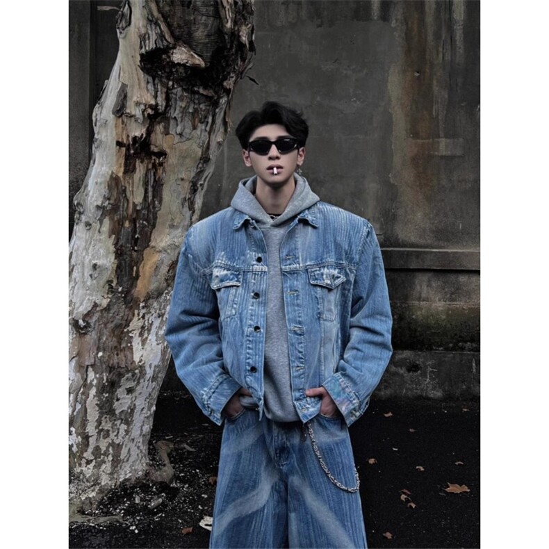 新款美式水洗重工做旧高级感痞帅短款牛仔外套男宽松潮牌牛仔夹克，男装工装外套，星座1210-1