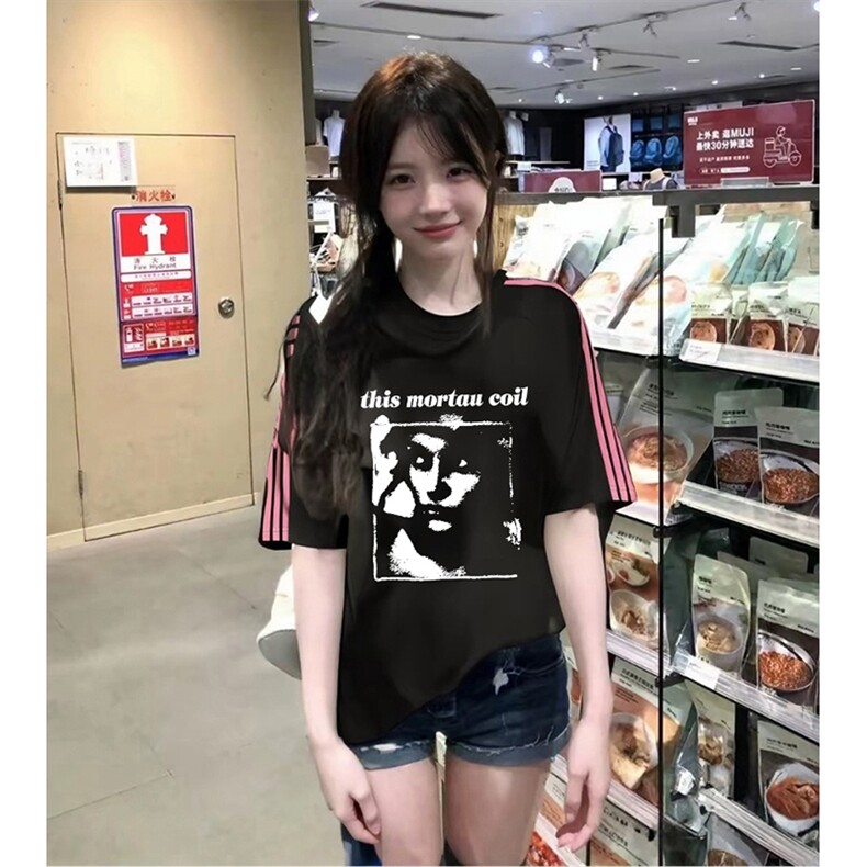 抖音得物品质二开240克宽松纯棉美式潮牌印花三条杠中性风短袖T恤,男装T恤,电商A486