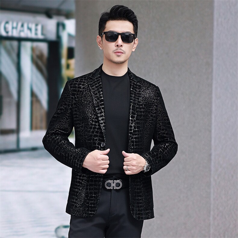春秋款男士皮衣鳄鱼纹西服商务休闲男装中年爸爸装夹克外套图片