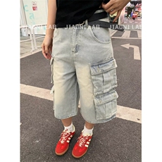 W9739-P63网图现货多口袋水洗五分牛仔短裤美式宽松工装七分裤，男装牛仔裤，星座1608-2